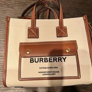 Burberry Cream Canvas and Brown Leather Trim Tote